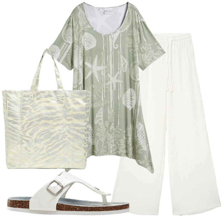 Outfit donna - Total look #2409135. Stile Basic per Tutti i giorni. Abbinamento con maglieria, infradito, pantaloni, shopping bag.