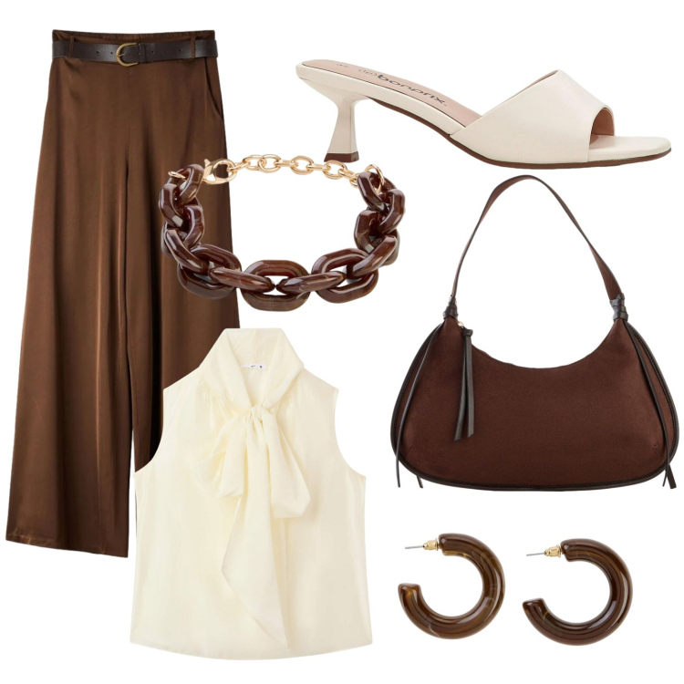 Outfit donna - Panna e cioccolato. Stile Casual per Tutti i giorni. Abbinamento con ciabatte, borse a tracolla, braccialetti, orecchini, bluse, pantaloni.