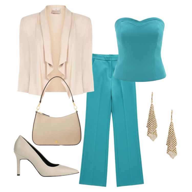 Outfit donna - Outfit semplice e raffinato. Stile Glamour per Cerimonia. Abbinamento con décolleté, pantaloni a palazzo, top, blazer, orecchini, borse a spalla.