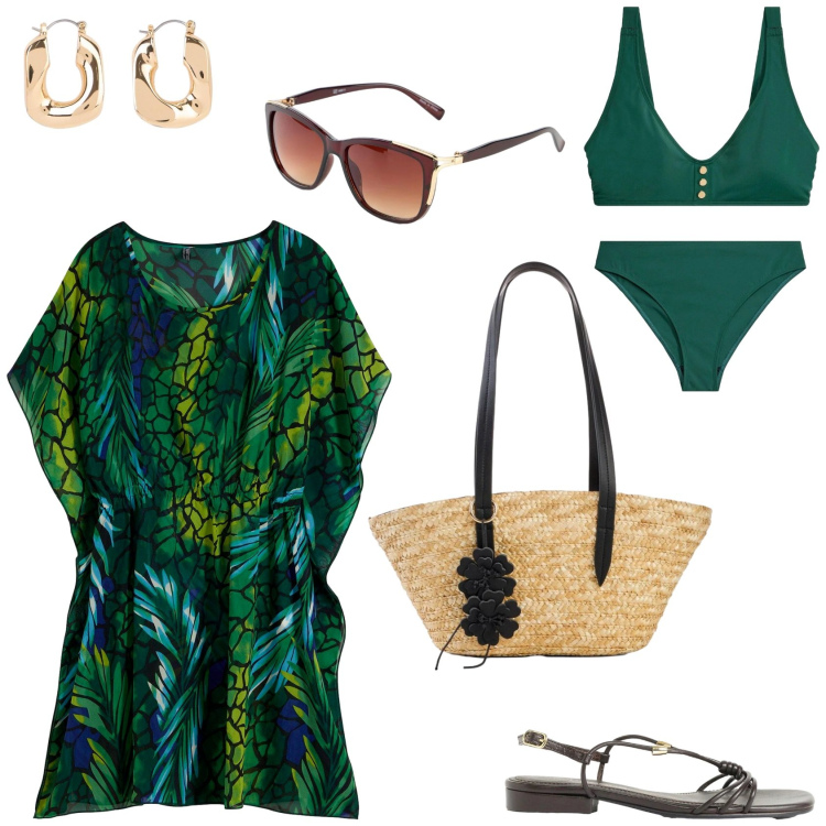 Outfit donna - Verde d\'estate. Stile Glamour per Mare. Abbinamento con bikini, orecchini, vestiti da spiaggia, occhiali da sole, shopping bag, sandali.
