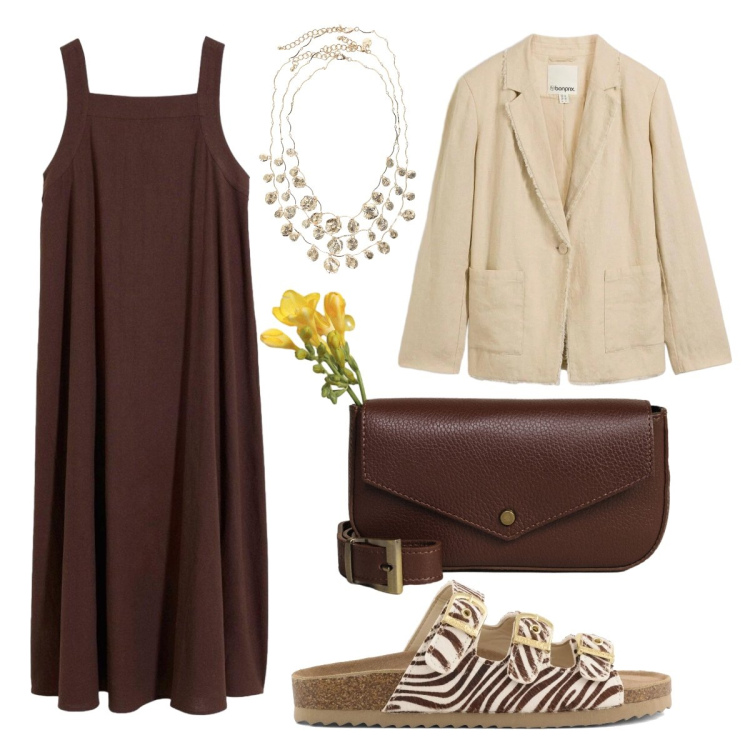 Outfit donna - Tutto in lino. Stile Boho per Tutti i giorni. Abbinamento con blazer, vestiti lunghi, borse a tracolla, collane, sandali in pelle.