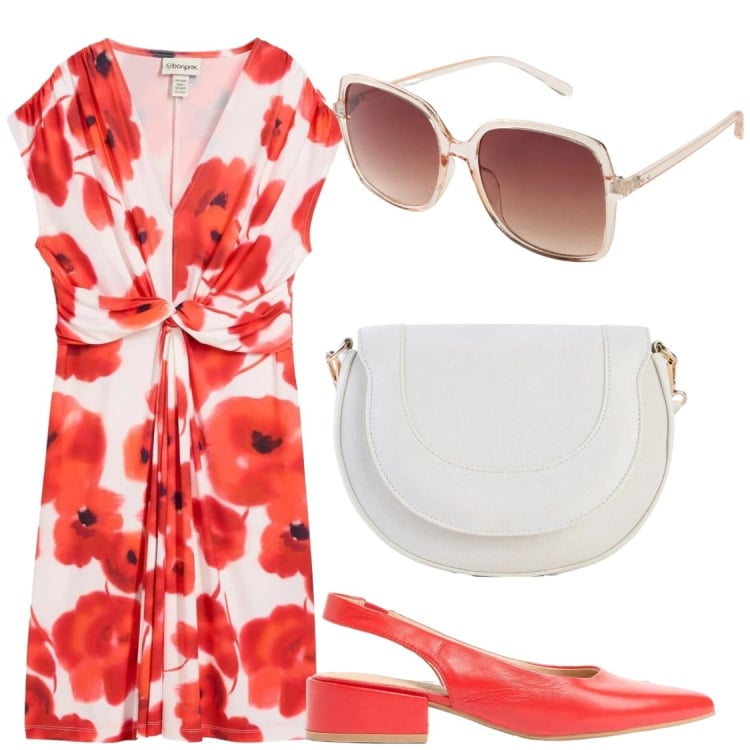Outfit donna - Solare e comoda. Stile Chic per Serata fuori. Abbinamento con vestiti, occhiali da sole, borse a tracolla, décolleté.