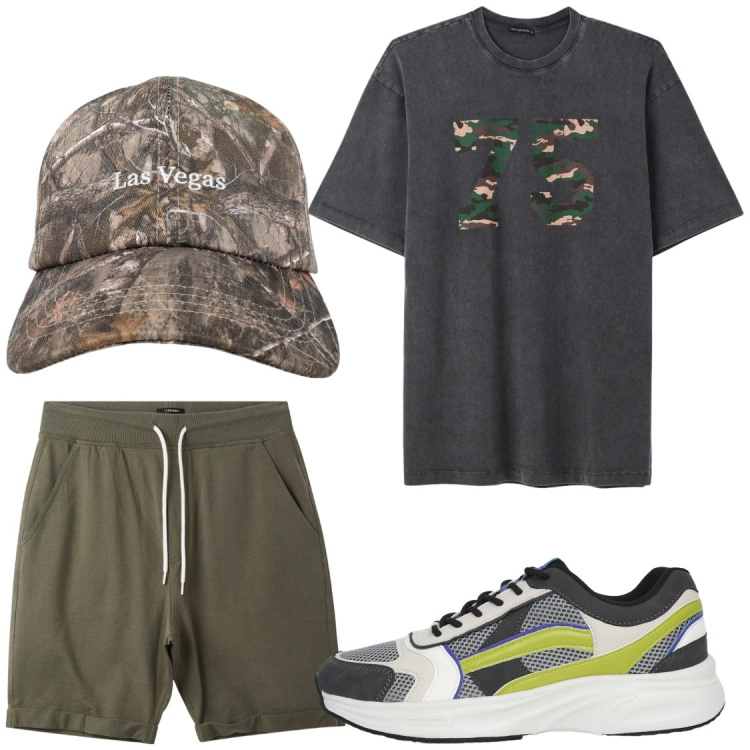 Outfit uomo - Tempo libero. Stile Casual per Tutti i giorni. Abbinamento con pantaloni corti, sneakers, t-shirt, cappelli con visiera.