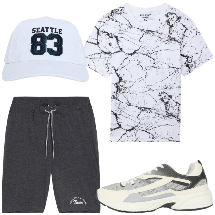 Outfit uomo - Tempo libero. Stile Casual per Tutti i giorni. Abbinamento con bermuda, cappelli, sneakers, t-shirt.
