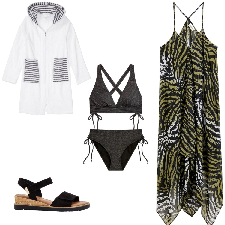 Outfit donna - Endless Summer. Stile Trendy per Mare. Abbinamento con vestiti da spiaggia, accappatoi, sandali, bikini.