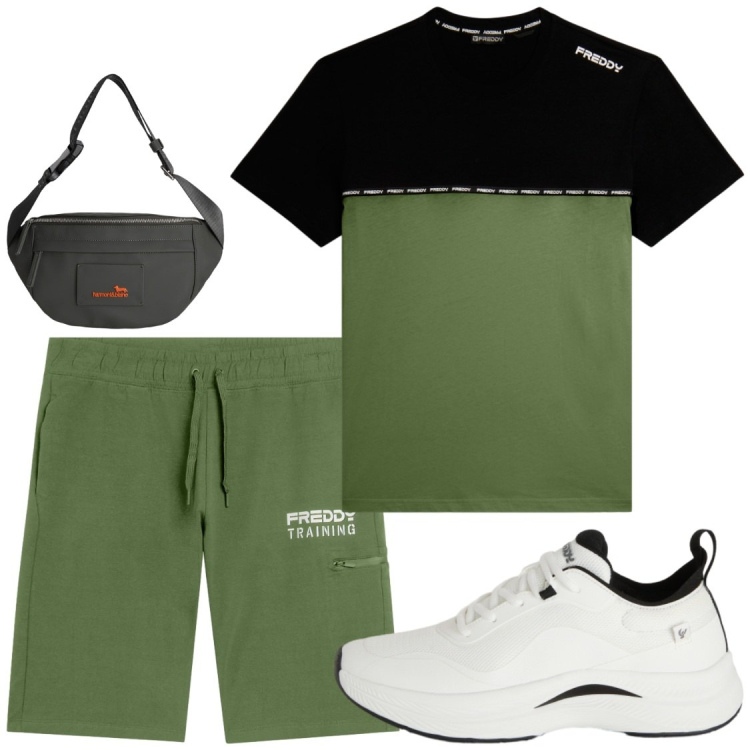 Outfit uomo - Tempo libero. Stile Casual per Tutti i giorni. Abbinamento con borse sportive, sneakers, t-shirt, bermuda.