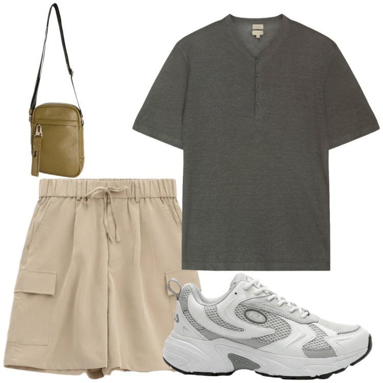Outfit uomo - Tempo libero. Stile Casual per Tutti i giorni. Abbinamento con sneakers, bermuda, borse sportive, t-shirt.