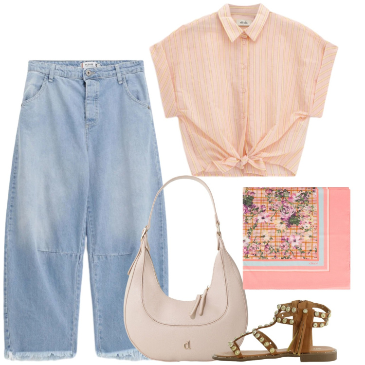 Outfit donna - Il foulard. Stile Casual per Serata fuori. Abbinamento con sandali, jeans, camicie a manica corta, borse a tracolla, foulard.