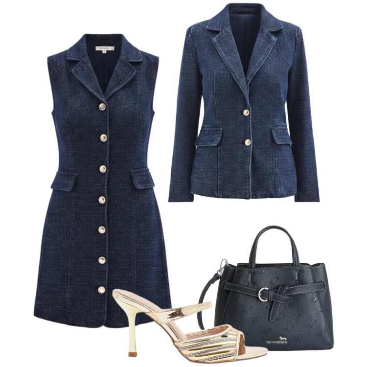 Outfit donna - Cena informale denim lurex. Stile Casual chic per Serata fuori. Abbinamento con sabot, blazer, vestiti corti, borse a mano.