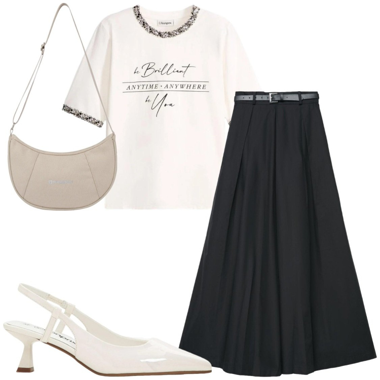 Outfit donna - Ufficio. Stile Chic per Ufficio. Abbinamento con t-shirt, décolleté, pantaloni, borse a spalla.
