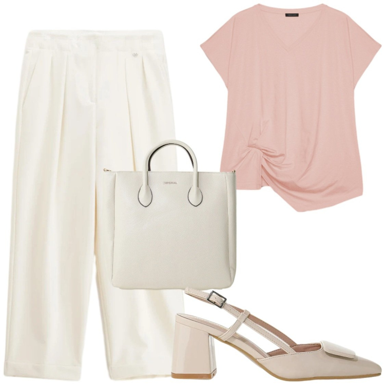 Outfit donna - Ufficio. Stile Chic per Ufficio. Abbinamento con décolleté, borse a tracolla, pantaloni, t-shirt.