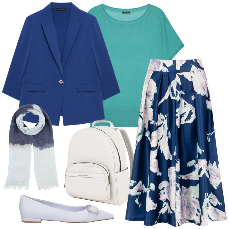 Outfit donna - Il mio insieme di oggi. Stile Casual chic per Tutti i giorni. Abbinamento con ballerine, zaini, sciarpe, gonne longuette, blazer, t-shirt.
