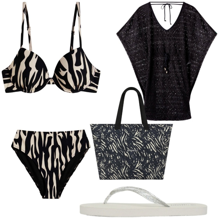 Outfit donna - Mare. Stile Glamour per Mare. Abbinamento con bikini, vestiti da spiaggia, infradito, shopping bag.