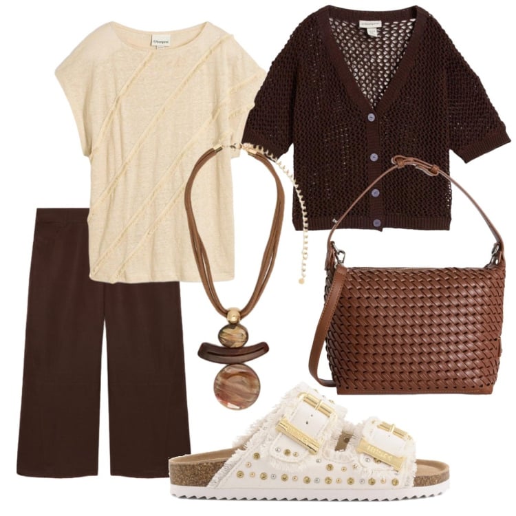 Outfit donna - In città. Stile Etnico per Tutti i giorni. Abbinamento con t-shirt, cardigans, borse a spalla, pantaloni, ciondoli, sandali.