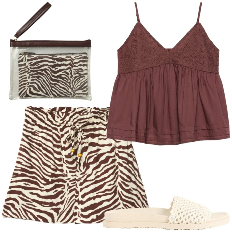 Outfit donna - Pomeriggio estivi. Stile Glamour per Mare. Abbinamento con ciabatte, shorts, pochette, canottiere.