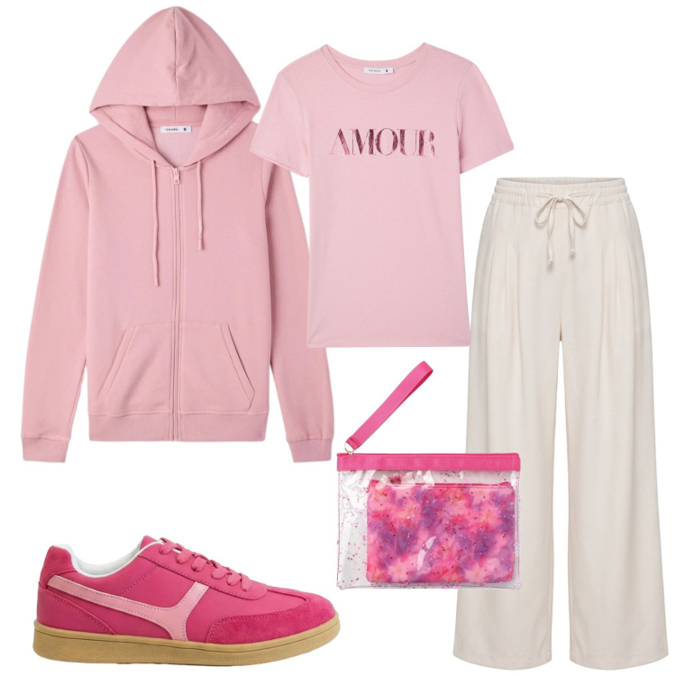 Outfit donna - Total look #2409168. Stile Sporty chic per Tutti i giorni. Abbinamento con sneakers, pochette, felpe con cappuccio, pantaloni, t-shirt.