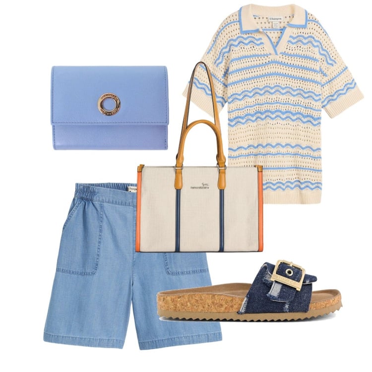 Outfit donna - Il bermuda in denim. Stile Casual chic per Ufficio. Abbinamento con shorts, polo, portafogli, borse tote, sandali.