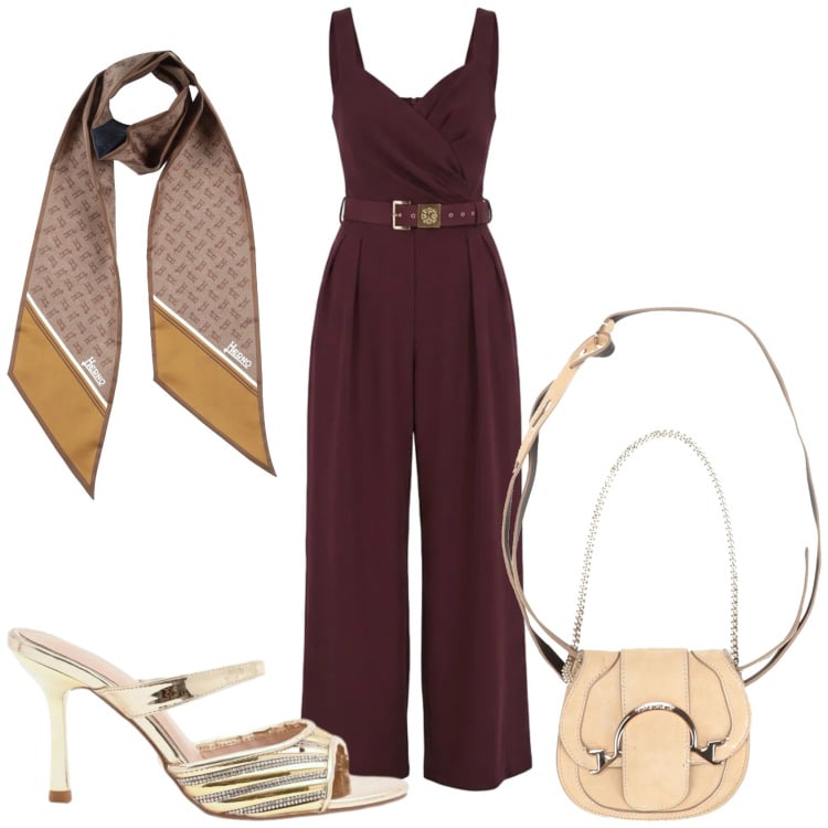 Outfit donna - Cerimonia in marrone. Stile Glamour per Cerimonia. Abbinamento con marsupi, sciarpe, tute, sabot.