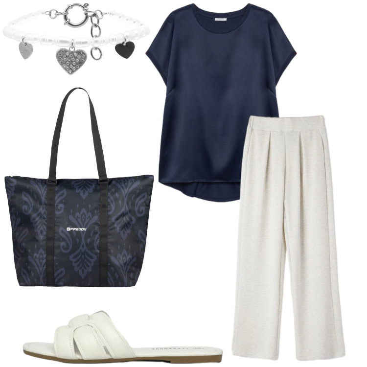 Outfit donna - Total look #2409175. Stile Casual per Tutti i giorni. Abbinamento con pantaloni, ciabatte, braccialetti, shopping bag, bluse.