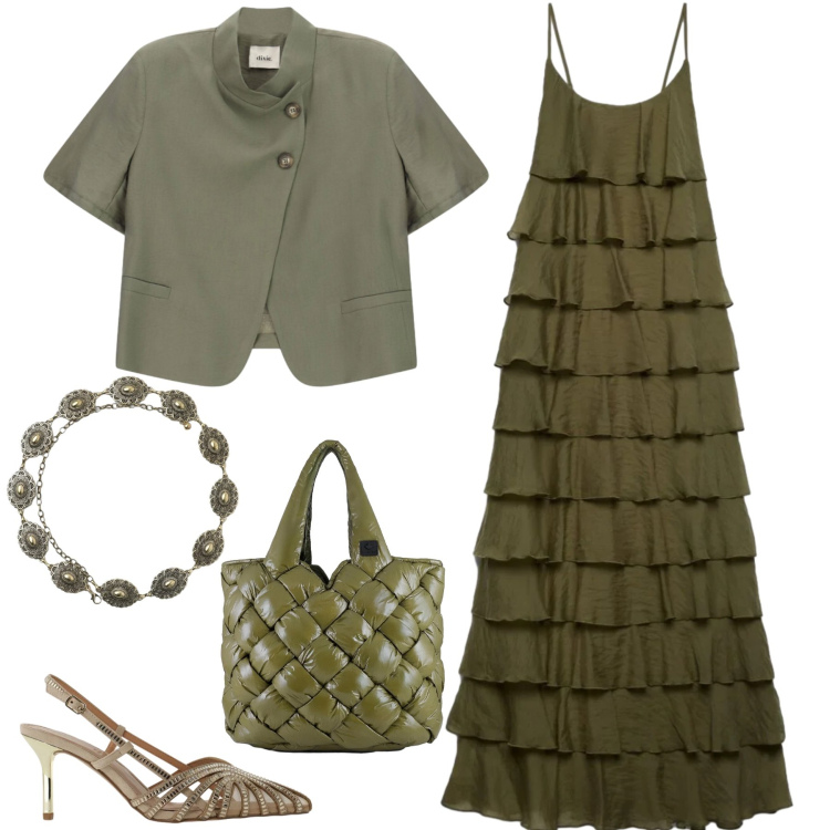 Outfit donna - summer in green. Stile Casual chic per Ufficio. Abbinamento con cinture, vestiti lunghi, blazer, décolleté, borse tote.