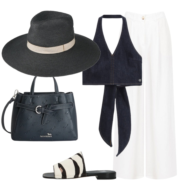 Outfit donna - Cappello in città. Stile Bon Ton per Tutti i giorni. Abbinamento con sandali in pelle, cappelli, pantaloni a palazzo, borse a mano, top.