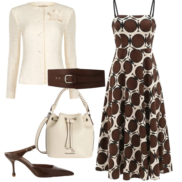 Outfit donna - Geometrie in brown. Stile Casual chic per Ufficio. Abbinamento con blazer, vestiti midi/longuette, décolleté, cinture, borse a secchiello.