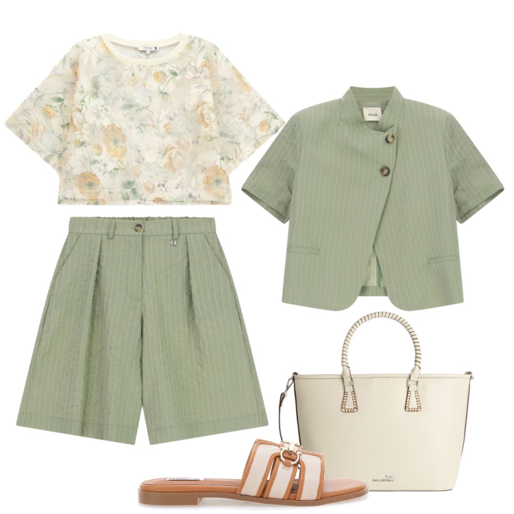 Outfit donna - City Summer 2026. Stile Glamour per Tutti i giorni. Abbinamento con shopping bag, top, blazer, bermuda, ciabatte.