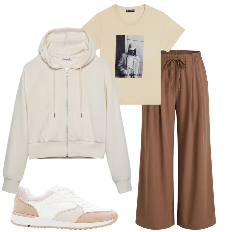 Outfit donna - Total look #2409186. Stile Sporty chic per Tutti i giorni. Abbinamento con sneakers, felpe con cappuccio, pantaloni, t-shirt.