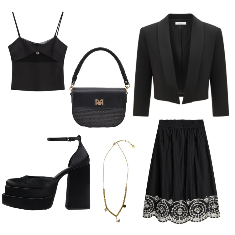 Outfit donna - New York. Stile Casual chic per Ufficio. Abbinamento con décolleté, gonne longuette, borse a spalla, bolero, canottiere, ciondoli.