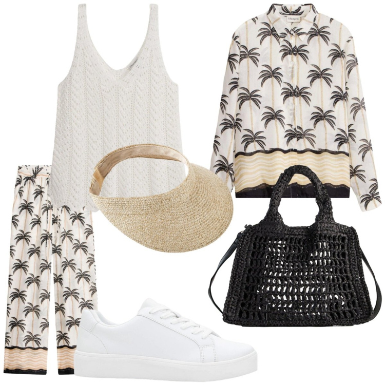 Outfit donna - Palme. Stile Casual chic per Mare. Abbinamento con canottiere, cappelli con visiera, sneakers, camicie, borse a tracolla, pantaloni a palazzo.