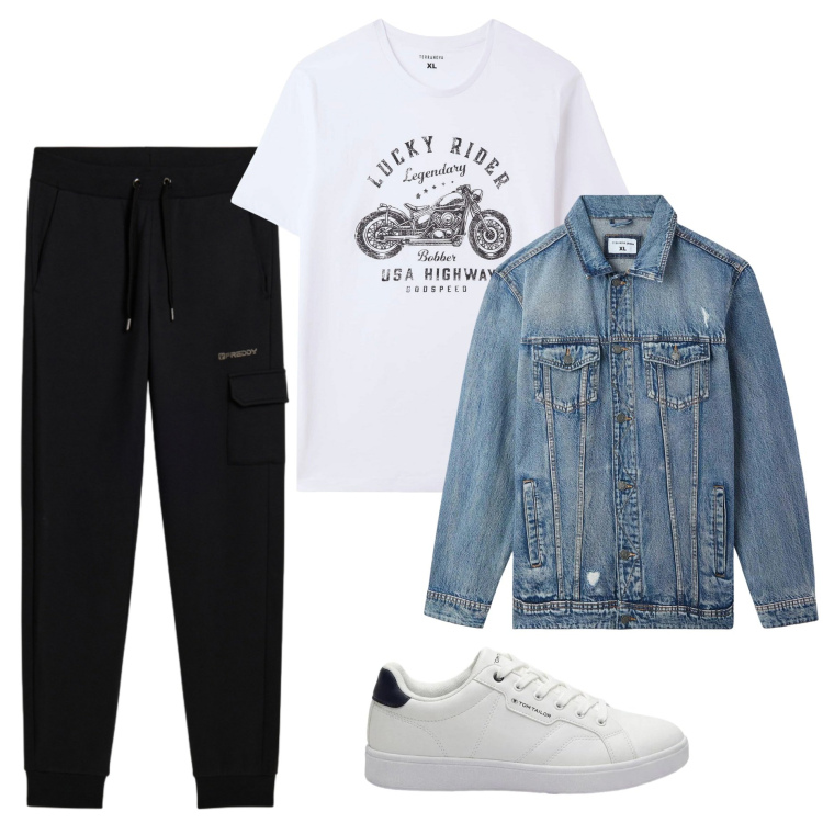 Outfit uomo - Look dinamico. Stile Casual per Tutti i giorni. Abbinamento con sneakers, giacche, t-shirt, pantaloni cargo.