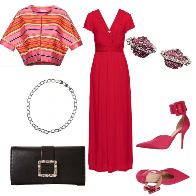 Outfit donna - Chic, cerimonia Oscar a go go. Stile Chic per Cerimonia. Abbinamento con vestiti lunghi, giacca, ballerine e scarpe flat in raso bianco, orecchini con strass e farfallina in ottone, pochette con perle e fibbia in ecopelle con tracolla removibile, collana in sterling 925 argento.