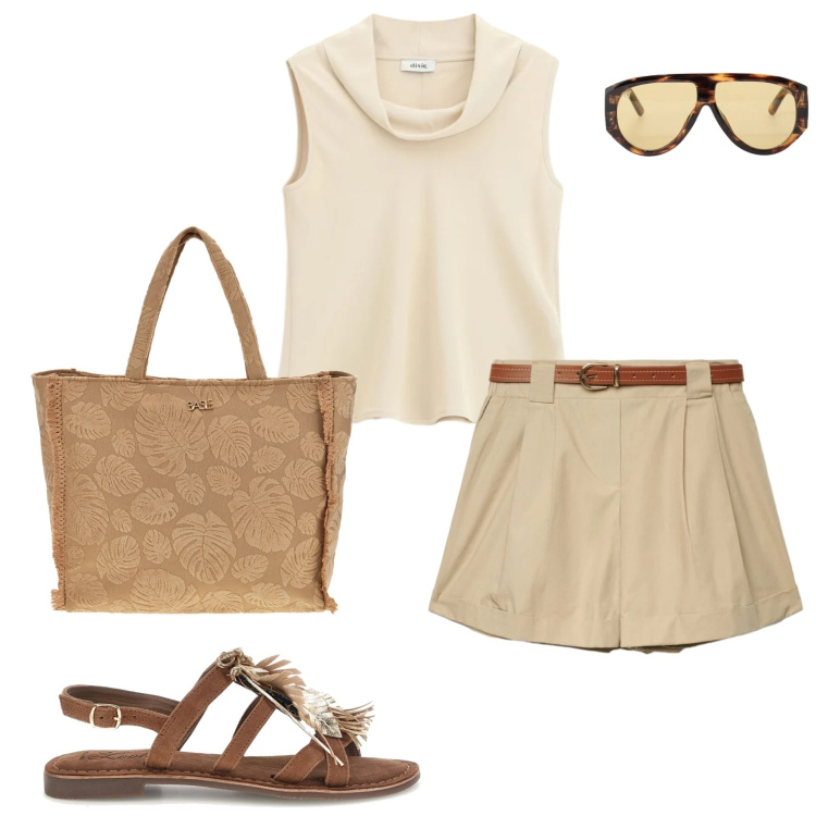 Outfit donna - City Summer Mood. Stile Casual chic per Tutti i giorni. Abbinamento con shorts, occhiali da sole, top, sandali, shopping bag.