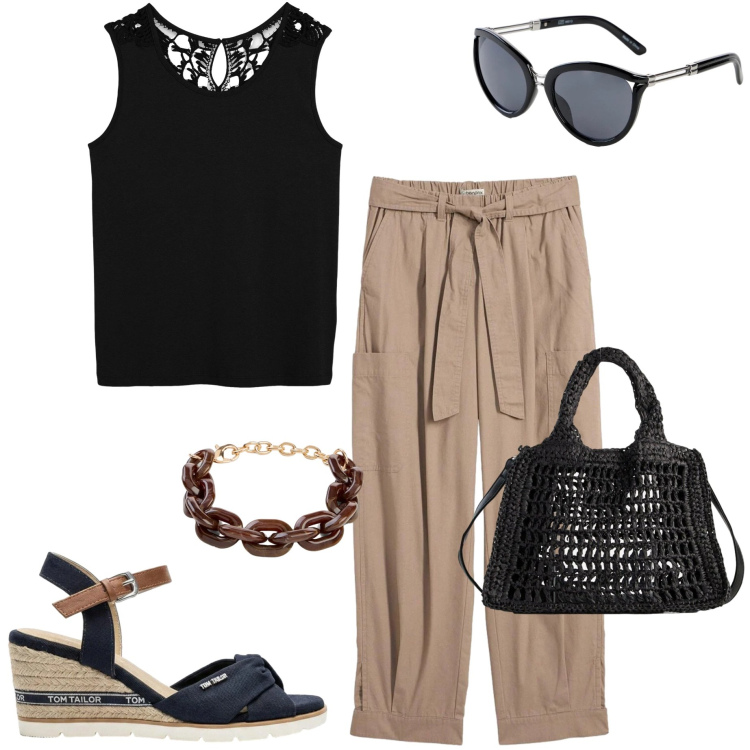 Outfit donna - Endless Summer. Stile Casual chic per Ufficio. Abbinamento con pantaloni cargo, top, braccialetti, occhiali da sole, borse a tracolla, sandali col tacco.