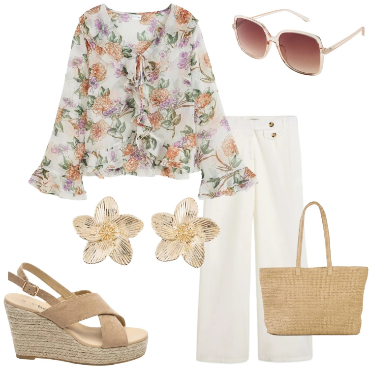 Outfit donna - Endless Summer. Stile Casual chic per Ufficio. Abbinamento con bluse, pantaloni, shopping bag, occhiali da sole, sandali col tacco, orecchini.