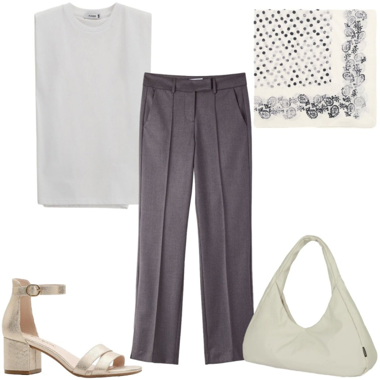 Outfit donna - Total look #2409242. Stile Minimal per Tutti i giorni. Abbinamento con sandali col tacco, pantaloni, foulard, top, borse a spalla.