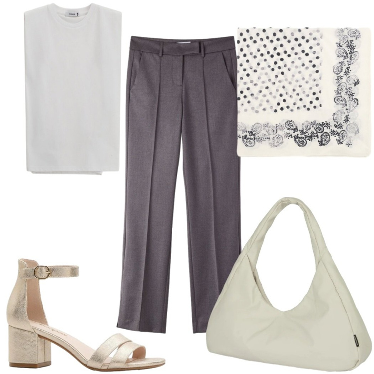 Outfit donna - Total look #2409243. Stile Minimal per Tutti i giorni. Abbinamento con sandali col tacco, pantaloni, foulard, top, borse a spalla.