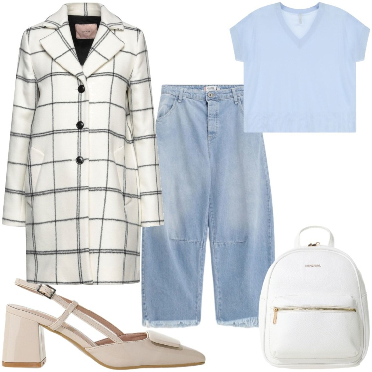Outfit donna - Total look #2409244. Stile Trendy per Tutti i giorni. Abbinamento con cappotti, bluse, zaini, décolleté, jeans.