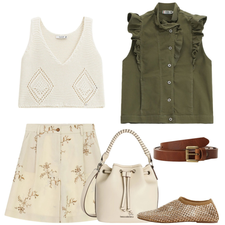 Outfit donna - City Summer mood. Stile Casual per Tutti i giorni. Abbinamento con bermuda, borse a secchiello, gilet, top, ballerine, cinture.