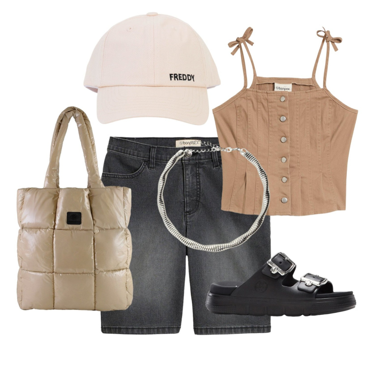 Outfit donna - Total look #2409255. Stile Casual per Tutti i giorni. Abbinamento con top, ciabatte, bermuda, collane, cappelli con visiera, shopping bag.