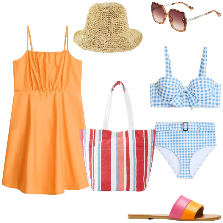Outfit donna - Pronta per il mare. Stile Trendy per Mare. Abbinamento con cappelli, ciabatte, shopping bag, occhiali da sole, bikini, vestiti corti.