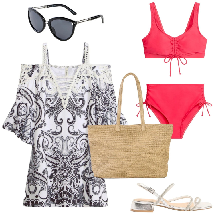 Outfit donna - Una giornata al mare. Stile Chic per Mare. Abbinamento con sandali, vestiti corti, occhiali da sole, shopping bag, bikini.