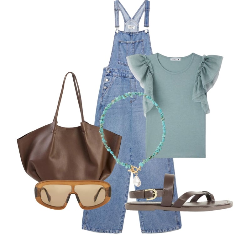 Outfit donna - Total look #2409259. Stile Casual per Tutti i giorni. Abbinamento con sandali, shopping bag, t-shirt, salopette, collane, occhiali da sole.