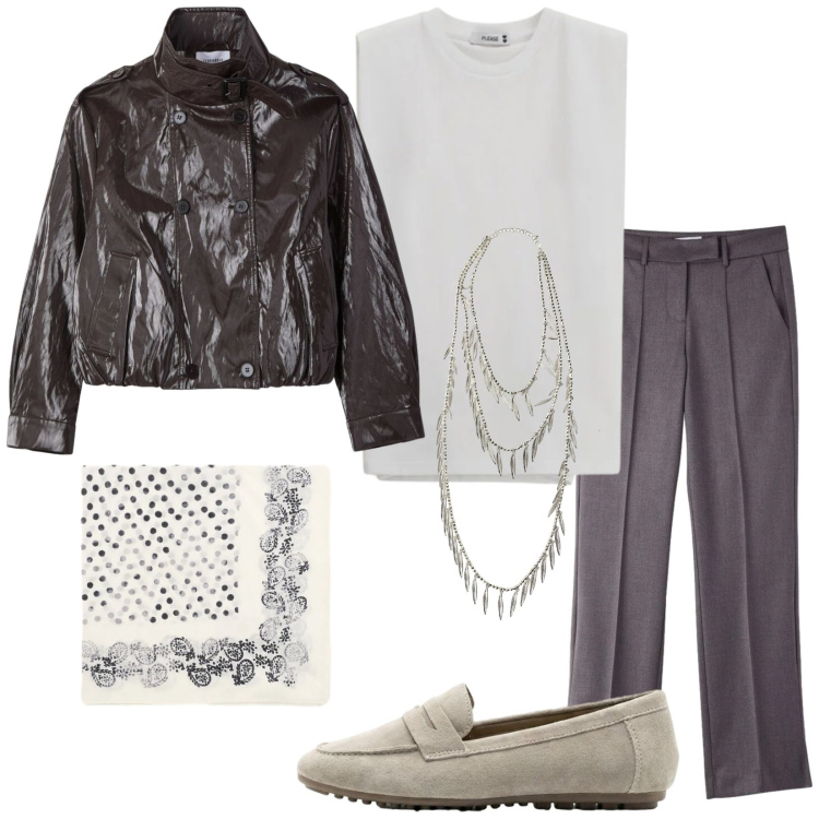 Outfit donna - Total look #2409260. Stile Casual chic per Ufficio. Abbinamento con mocassini, pantaloni, giacche, foulard, collane, top.