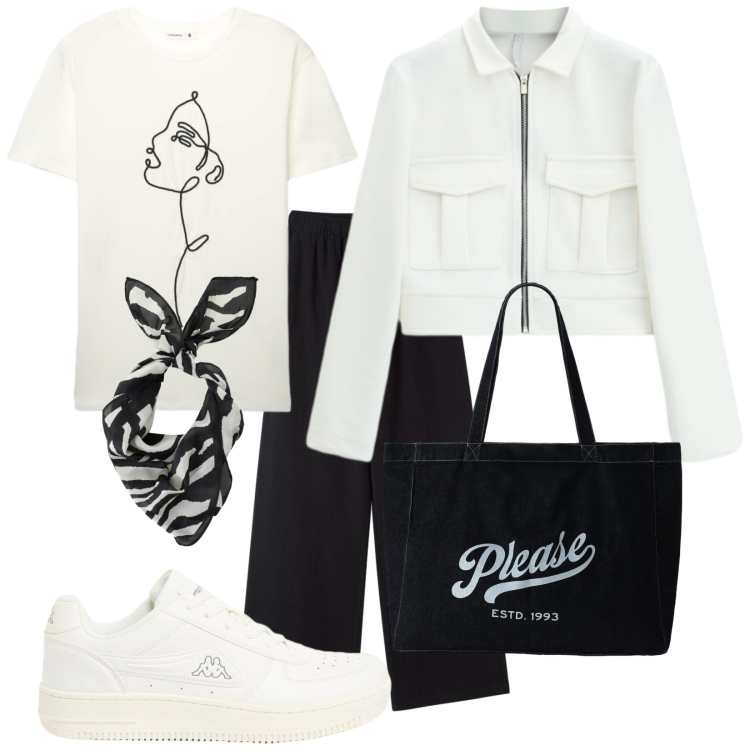 Outfit donna - Total look #2409261. Stile Casual per Tutti i giorni. Abbinamento con sneakers, t-shirt, pantaloni, cappotti, shopping bag, foulard.