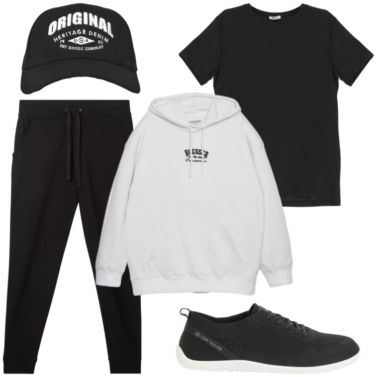 Outfit uomo - Total look #2409263. Stile Urban per Tutti i giorni. Abbinamento con sneakers, pantaloni, cappelli con visiera, felpe con cappuccio, t-shirt.