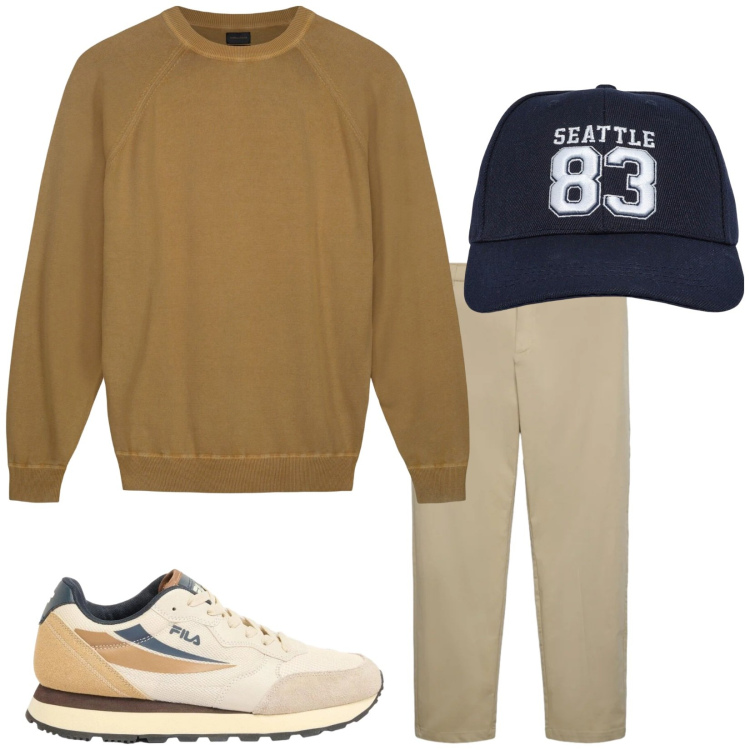 Outfit uomo - Maglia cotone 100%. Stile Casual per Tutti i giorni. Abbinamento con sneakers, cappelli, pantaloni chino, maglieria.