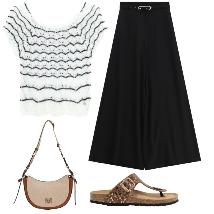 Outfit donna - Pulita di Giorno. Stile Basic per Tutti i giorni. Abbinamento con infradito, pantaloni a palazzo, canottiere, borse a tracolla.