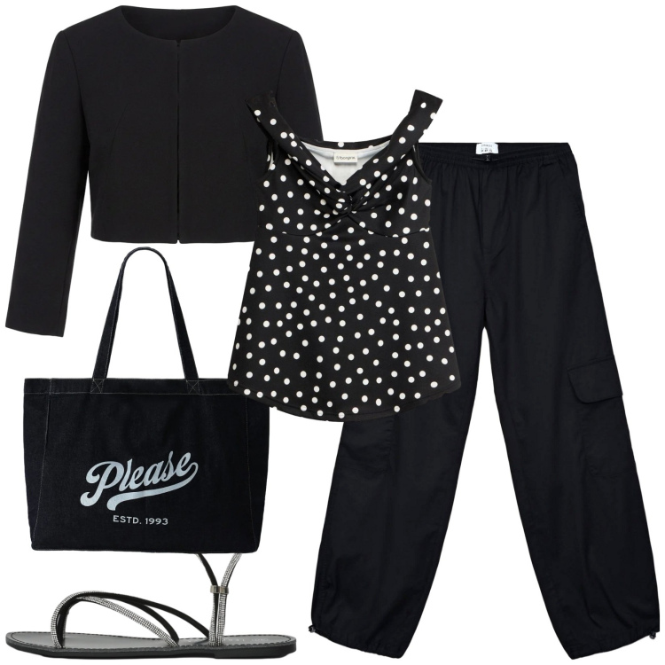 Outfit donna - Total look #2409269. Stile Casual per Tutti i giorni. Abbinamento con canottiere, pantaloni cargo, sandali, bolero, shopping bag.