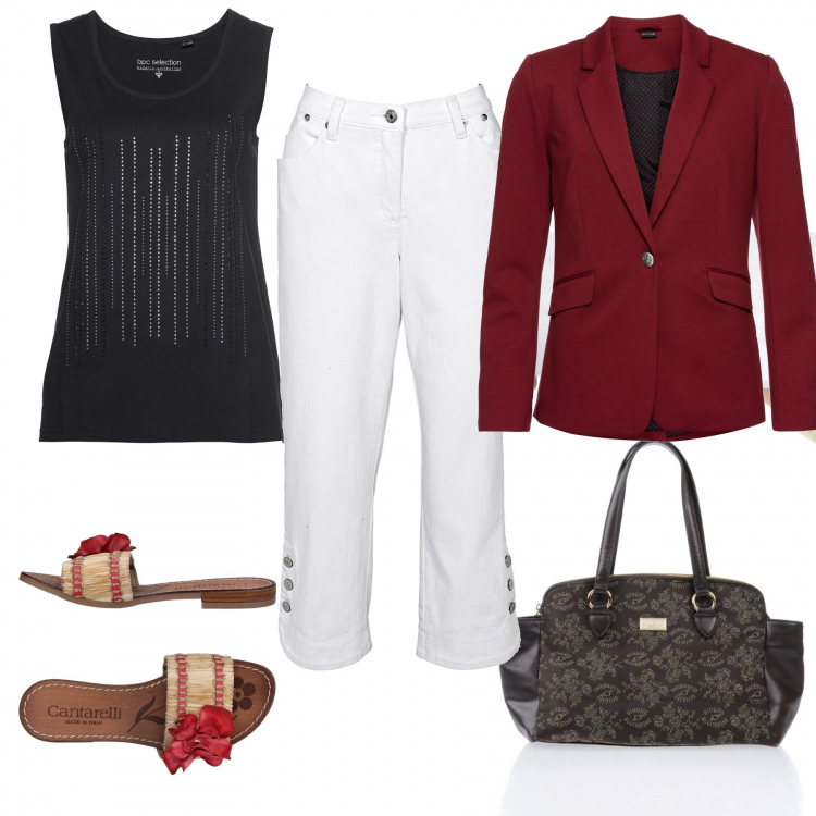 Outfit donna - Urban #1953. Stile Urban per Serata fuori. Abbinamento con jeans, top nero, blazer a pois jersey rosso, sandali fantasia multicolore senza tacco con punta tonda in rafia, borsa a mano fantasia con zip interno foderato in pelle sintetica.
